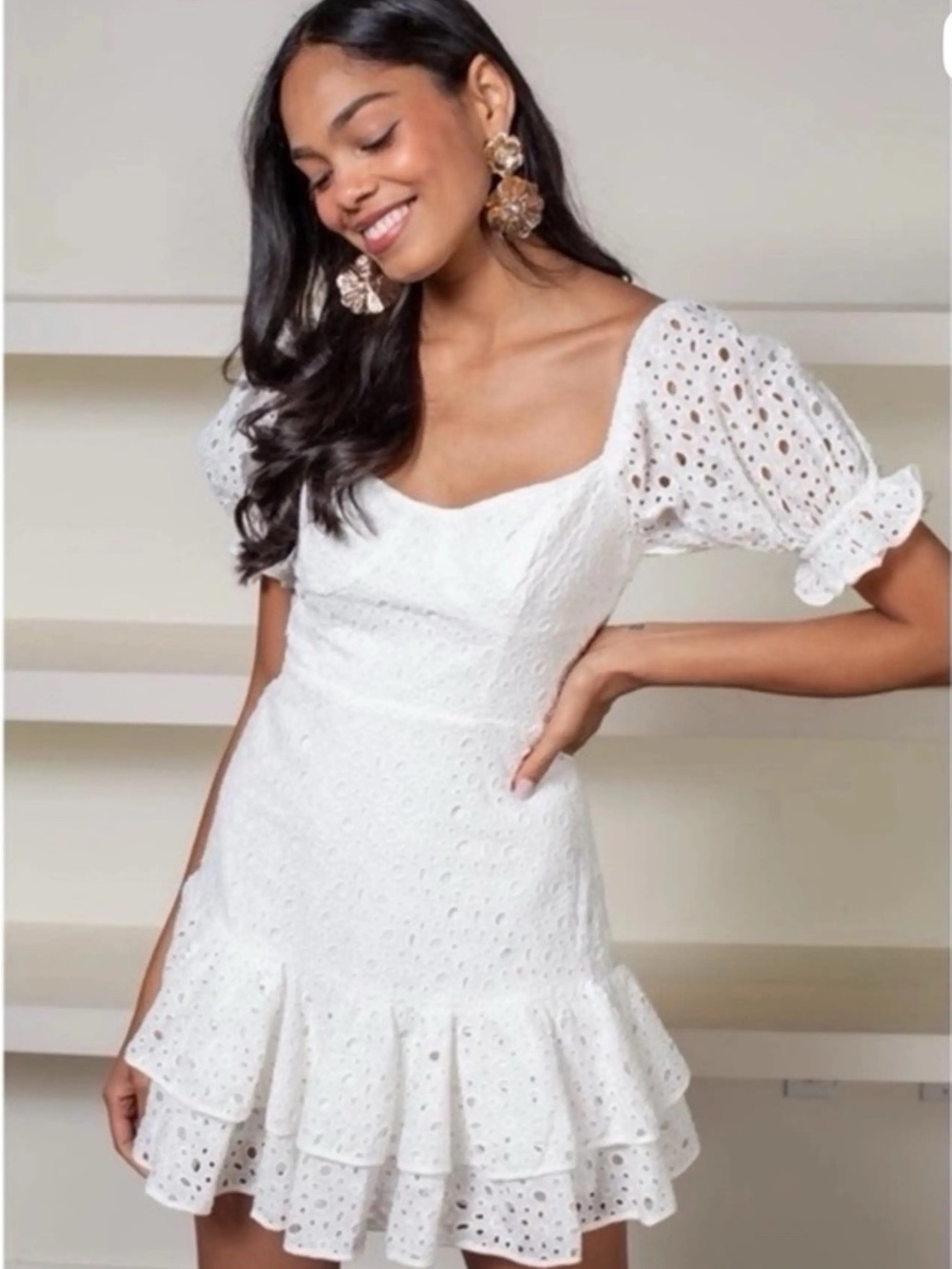 Astr White Eyelet Puff-Sleeve Mini Dress